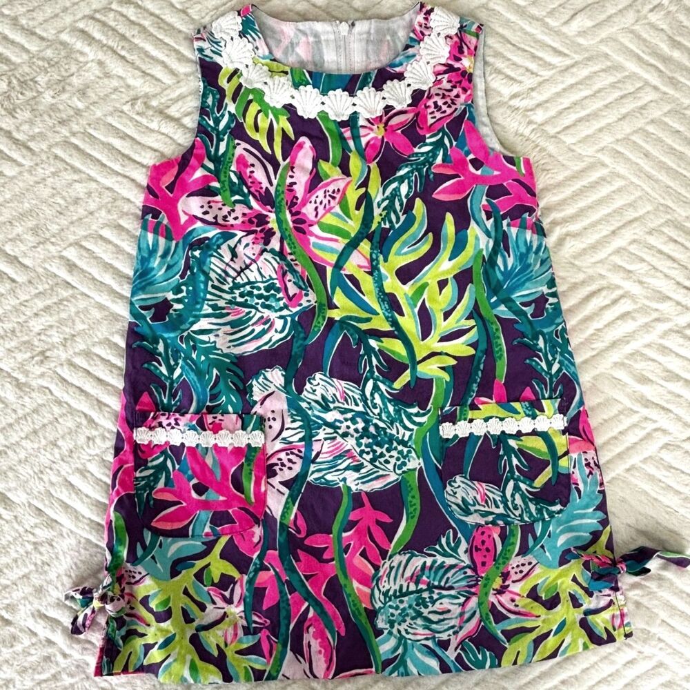 Lilly Pulitzer Girls Size 4 Classic Shift Dress Coral Me Crazy Print Pockets